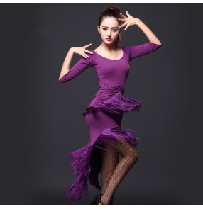 Leopard purple violet royal blue fringes long sleeves competition performance professional women's ladies female  latin salsa cha cha dance dresses outfits